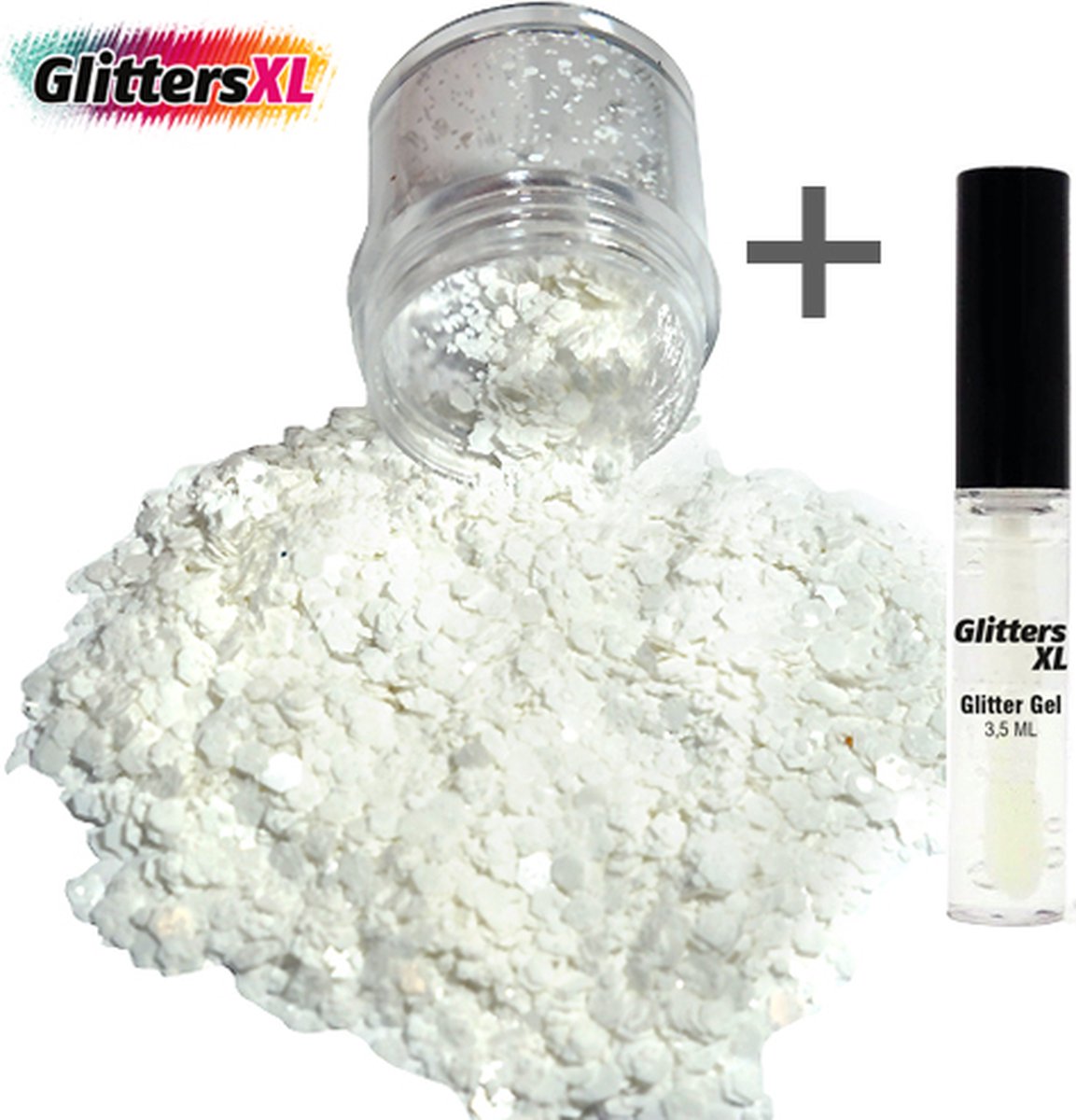 GlittersXL - Chunky Glitters (Wit) (Volume 8g) + Glitter Huid Lijm [Festival Makeup Gezicht Lichaam - Face Body Glitter - Biologisch afbreekbaar - Versiering Dames Volwassen Kinderen]